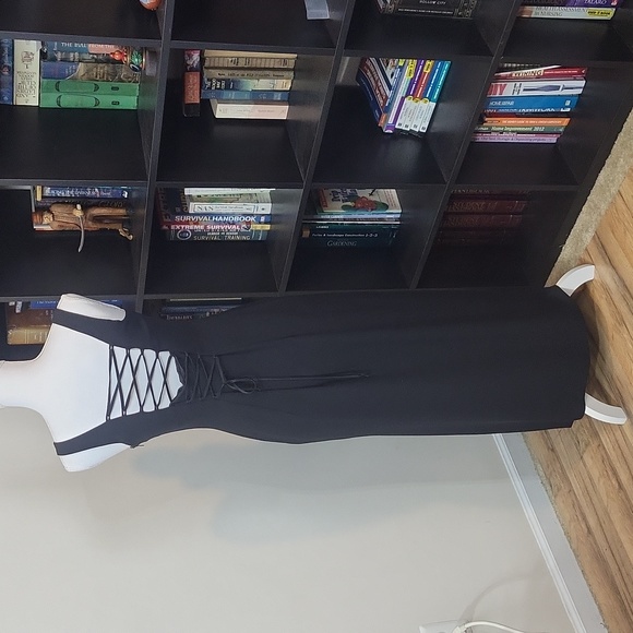 Vtg 80s ANN TAYLOR Black Square Neckine Lace-Up Back 20" Slit Long Maxi Gown - Picture 3 of 14